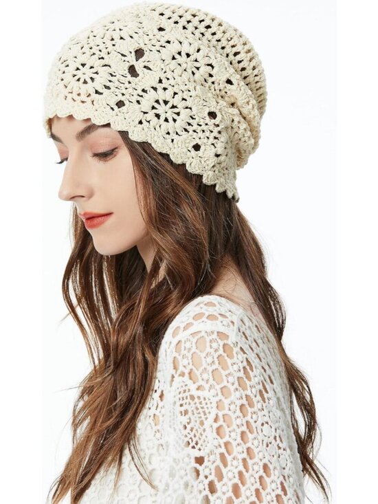 Women\'s Cotton Crochet Slouchy Beanie Hat Handmade Knit Summer Skull Cap Beige main image 6